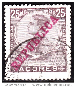 AÇORES-1911, D. Manuel II. Selos Emissão Anterior C/ Sob.«REPUBLICA» 25 R.  D.14 X 15 Pap. Esmalte.  (o) MUNDIFIL Nº 126 - Azores