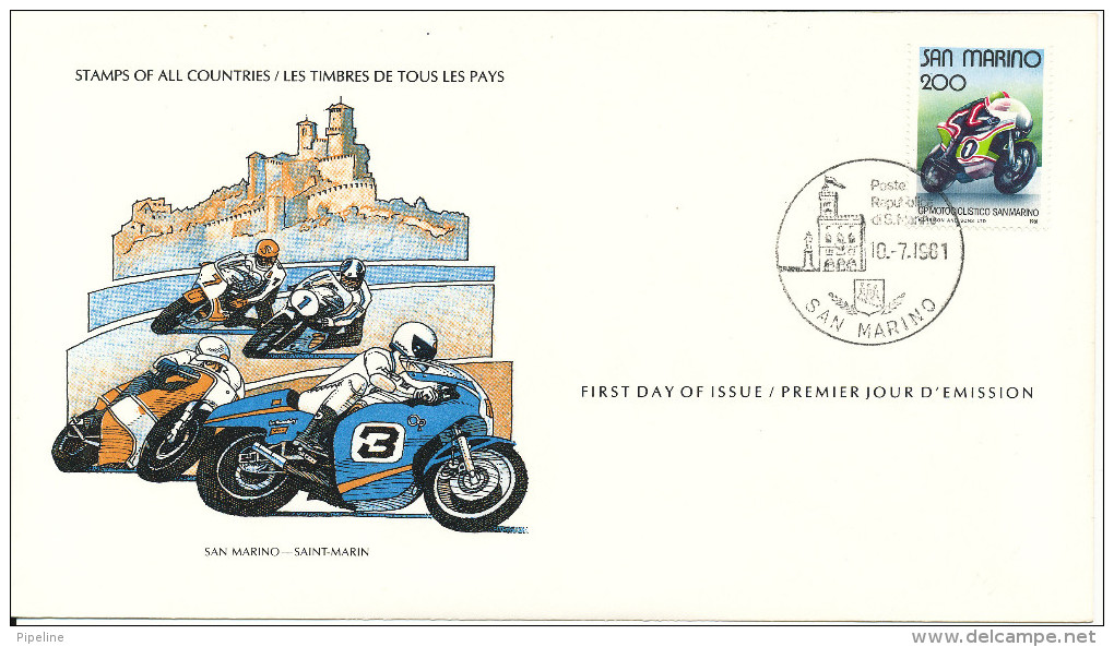 San Marino FDC 10-7-1981 GRAND PRIX MOTORCYCLE With Cachet - FDC