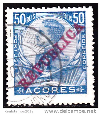 AÇORES-1911, D. Manuel II. Selos Emissão Anterior C/ Sob.«REPUBLICA» 50 R.  D.14 X 15  Pap. Esmalte. (o) MUNDIFIL Nº 127 - Azores