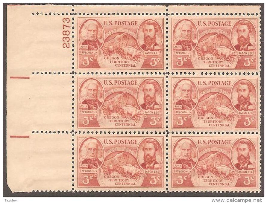 USA - 1948 Oregon Territory Plate Block Of Six. Scott 964. MNH ** - Ruedecillas (Números De Placas)