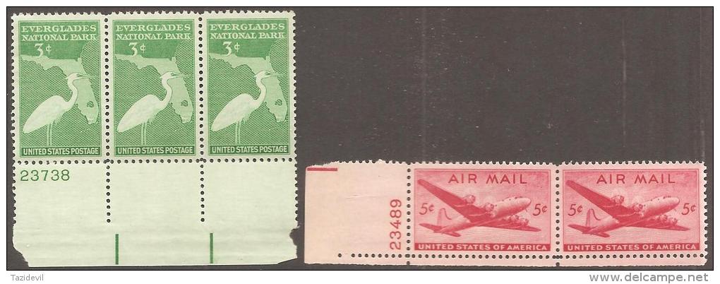 USA - 1947 National Park Strip Of Three, And 1946 5c Airmail Pair Plate Numbers. Scott 952, C32. MNH ** - Ruedecillas (Números De Placas)