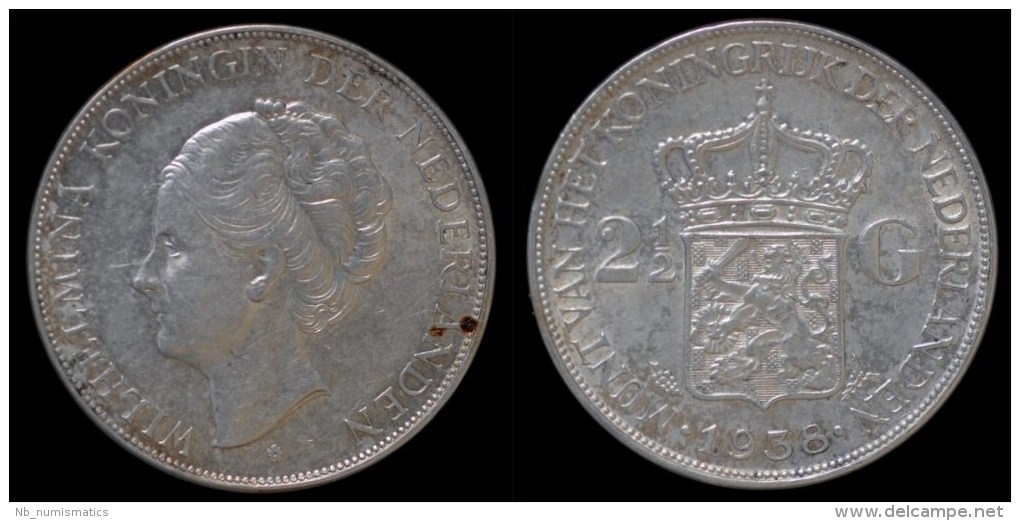 Netherlands Wilhelmina I 2 1/2 Gulden(rijksdaalder)1938 - 2 1/2 Florín Holandés (Gulden)