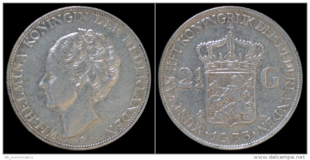 Netherlands Wilhelmina I 2 1/2 Gulden(rijksdaalder)1933 - 2 1/2 Gulden