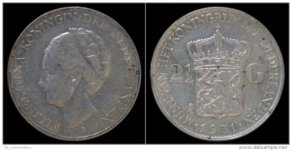 Netherlands Wilhelmina I 2 1/2 Gulden(rijksdaalder)1931 - 2 1/2 Florín Holandés (Gulden)