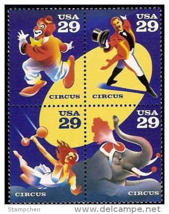 1993 USA American Circus Stamps Sc#2750-53 2753a Clown Elephant Trapeze Gymnastics Hat - Other & Unclassified