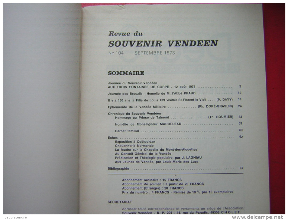 REVUE DU SOUVENIR VENDEEN    SEPTEMBRE  1973  N° 104      TRIMESTRIELLE - Turismo E Regioni