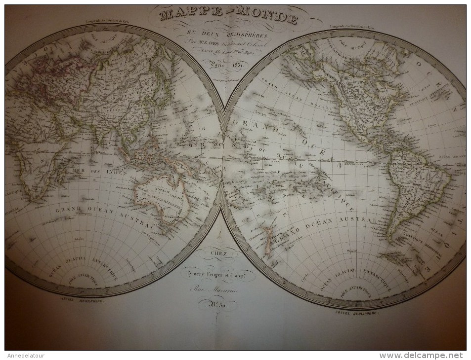 1831 MAPPE-MONDE Dressée Par Lapie 1er Géographe Du Roi,  Gravure Lallemand ,  Chez Eymery Fruger & Cie - Geographical Maps