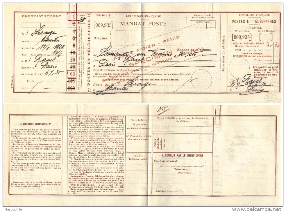 FICTIFS - ECOLE PIGIER / 1929 FORMULE DE MANDAT POSTE  (ref 3094) - Fictifs