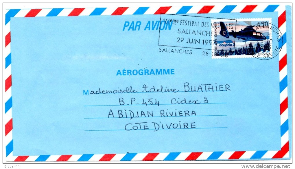 Aerogramme N°1019_Dauphin_de Sallanches (26.10.1996) Pour La Cote D'Ivoire - Aerograms