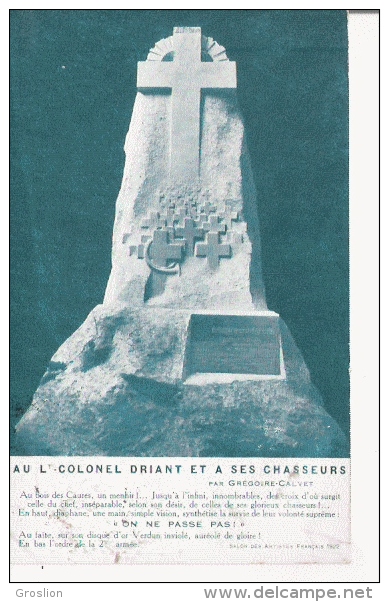 AU LIEUTENANT COLONEL DRIANT ET A SES CHASSEURS AU BOIS DES CAURES UN MENHIR 1922 - Monuments Aux Morts