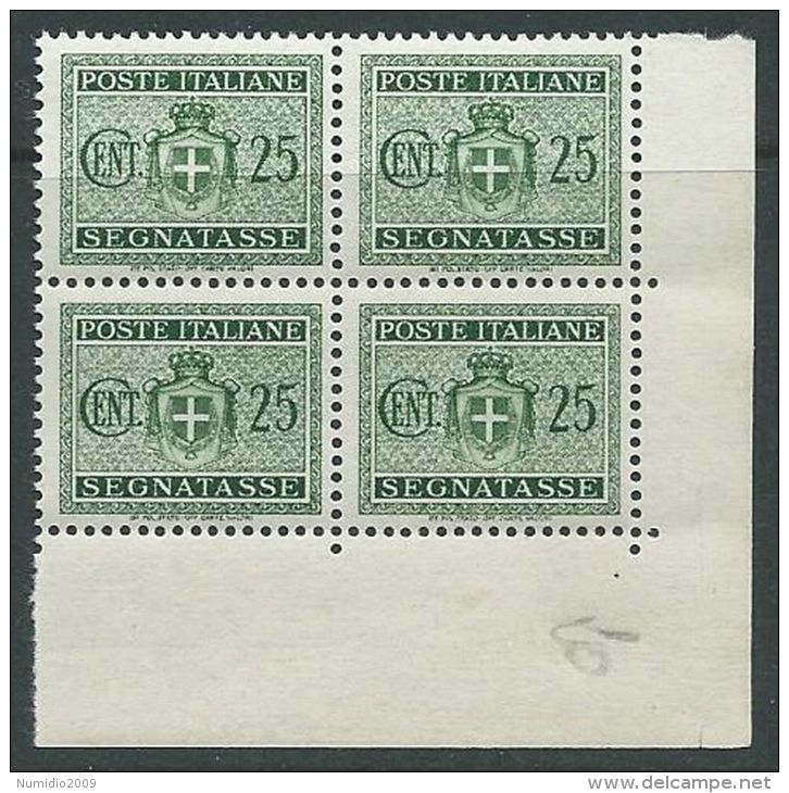 1945 LUOGOTENENZA SEGNATASSE 25 CENT NO FILIGRANA QUARTINA LUSSO MNH ** - SV2-5 - Segnatasse