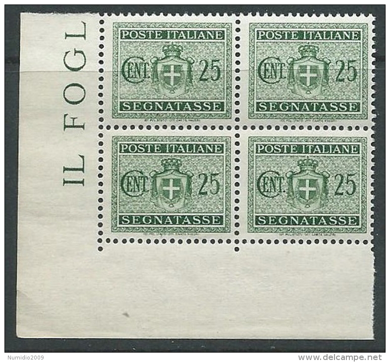 1945 LUOGOTENENZA SEGNATASSE 25 CENT NO FILIGRANA QUARTINA LUSSO MNH ** - SV2-6 - Strafport