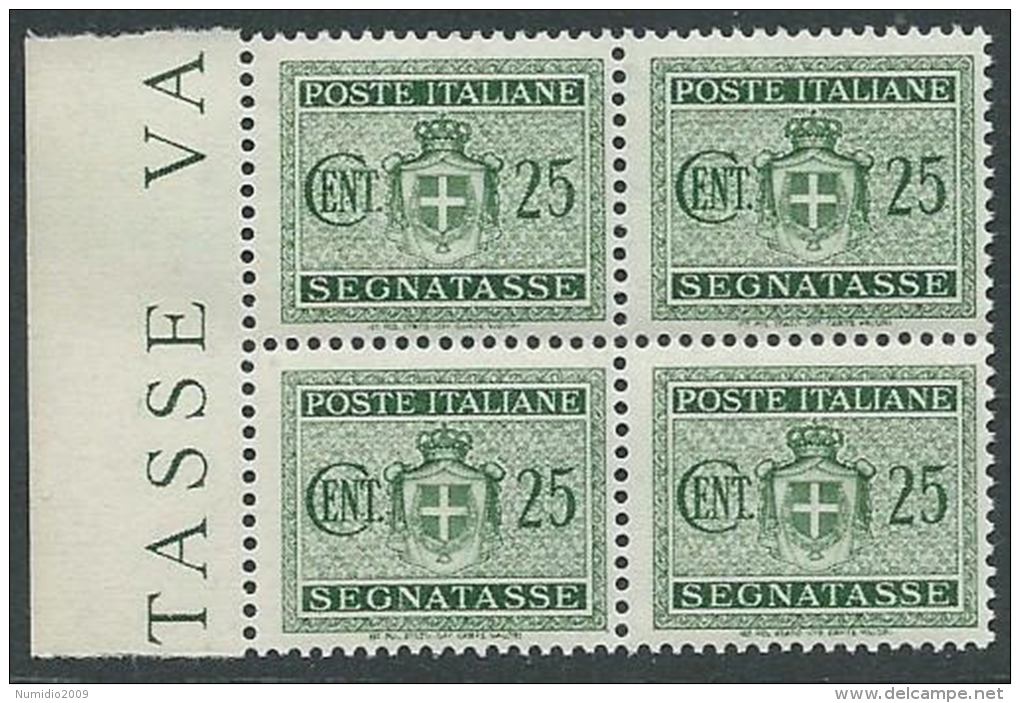 1945 LUOGOTENENZA SEGNATASSE 25 CENT NO FILIGRANA QUARTINA MNH ** - SV6-2 - Strafport