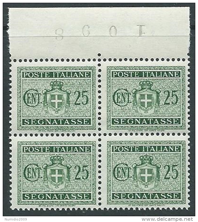 1945 LUOGOTENENZA SEGNATASSE 25 CENT NO FILIGRANA QUARTINA MNH ** - SV6-8 - Strafport