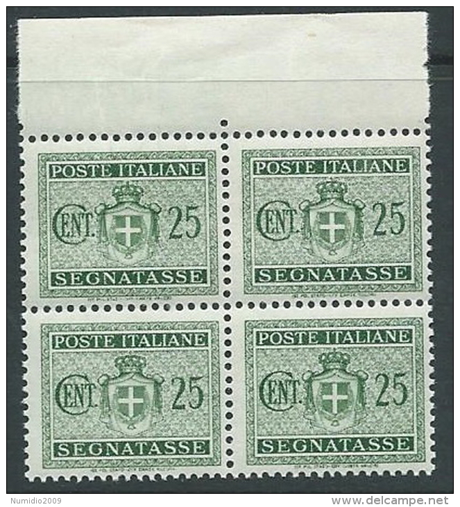 1945 LUOGOTENENZA SEGNATASSE 25 CENT NO FILIGRANA QUARTINA MNH ** - SV6-9 - Strafport