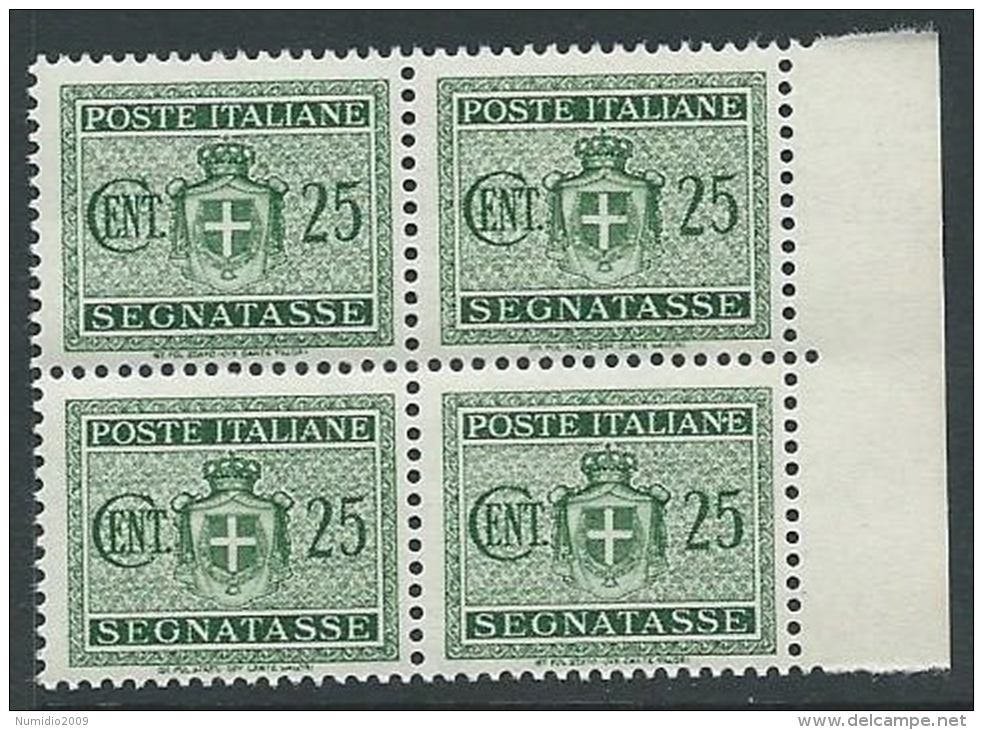 1945 LUOGOTENENZA SEGNATASSE 25 CENT NO FILIGRANA QUARTINA MNH ** - SV7-2 - Segnatasse