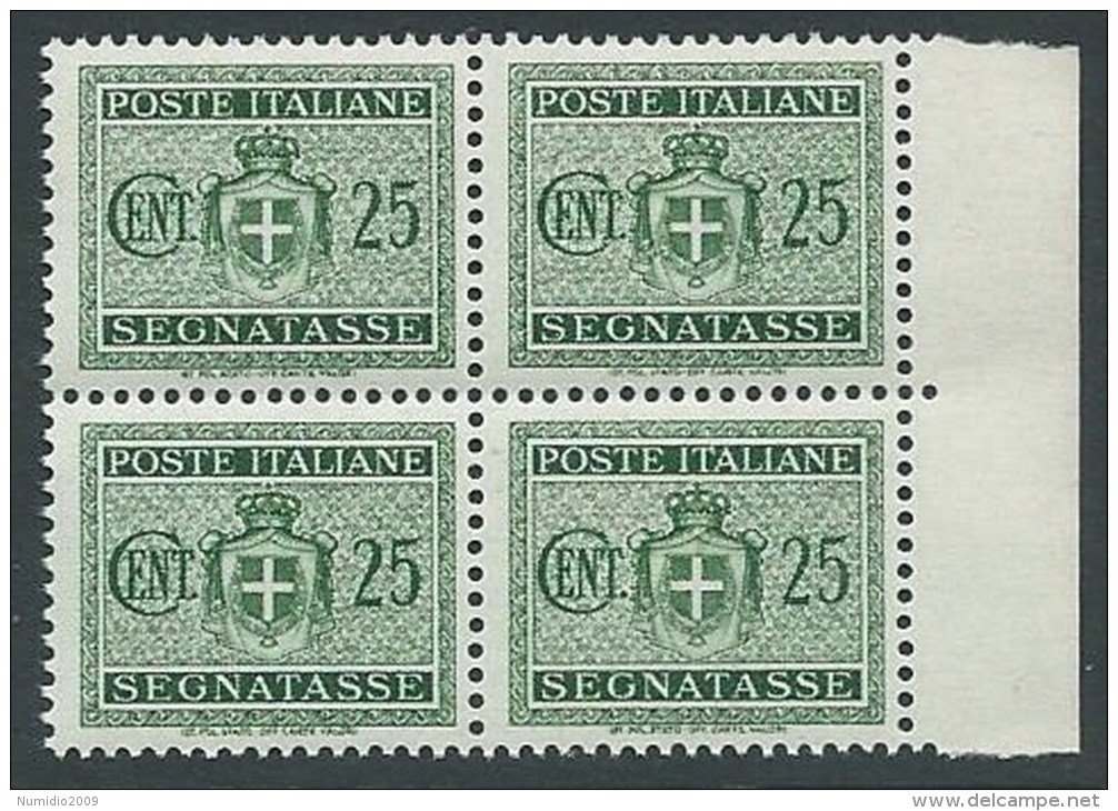 1945 LUOGOTENENZA SEGNATASSE 25 CENT NO FILIGRANA QUARTINA MNH ** - SV7-4 - Segnatasse