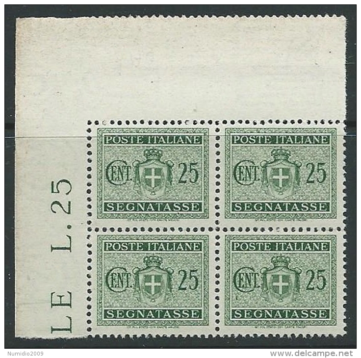 1945 LUOGOTENENZA SEGNATASSE 25 CENT FILIGRANA RUOTA QUARTINA LUSSO MNH ** - SV8-2 - Postage Due