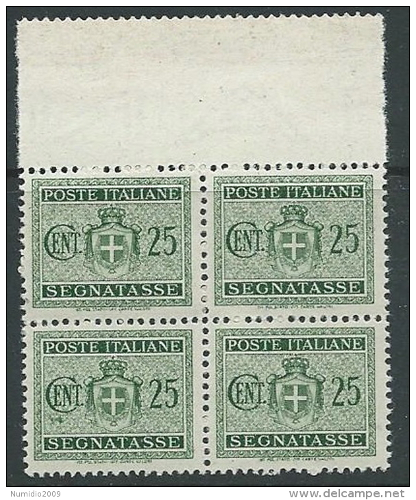 1945 LUOGOTENENZA SEGNATASSE 25 CENT FILIGRANA RUOTA QUARTINA MNH ** - SV9-5 - Segnatasse