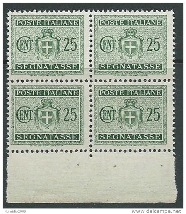 1945 LUOGOTENENZA SEGNATASSE 25 CENT FILIGRANA RUOTA QUARTINA MNH ** - SV9-8 - Postage Due