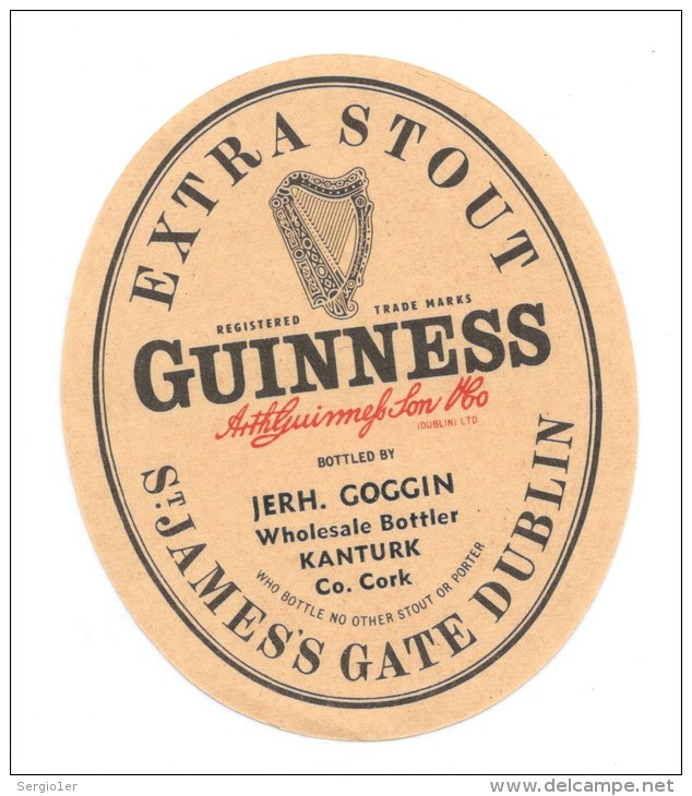 Ancienne étiquette Bière  Guinness Extra Stout  Jerh Coggin Kanturk St Jamess Gate Dublin (1950) - Bière