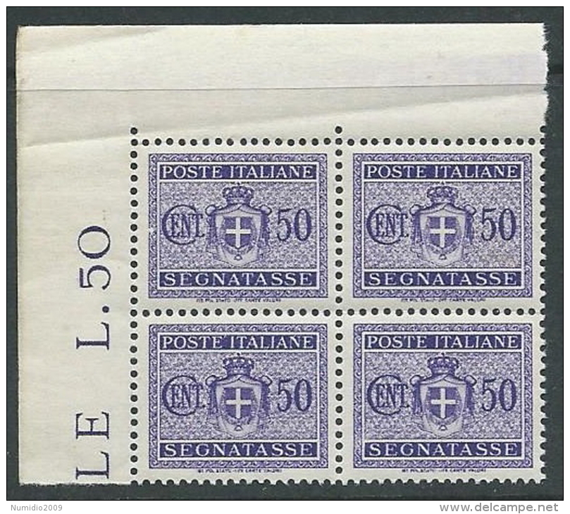 1945 LUOGOTENENZA SEGNATASSE 50 CENT NO FILIGRANA QUARTINA LUSSO MNH ** - SV2-7 - Taxe