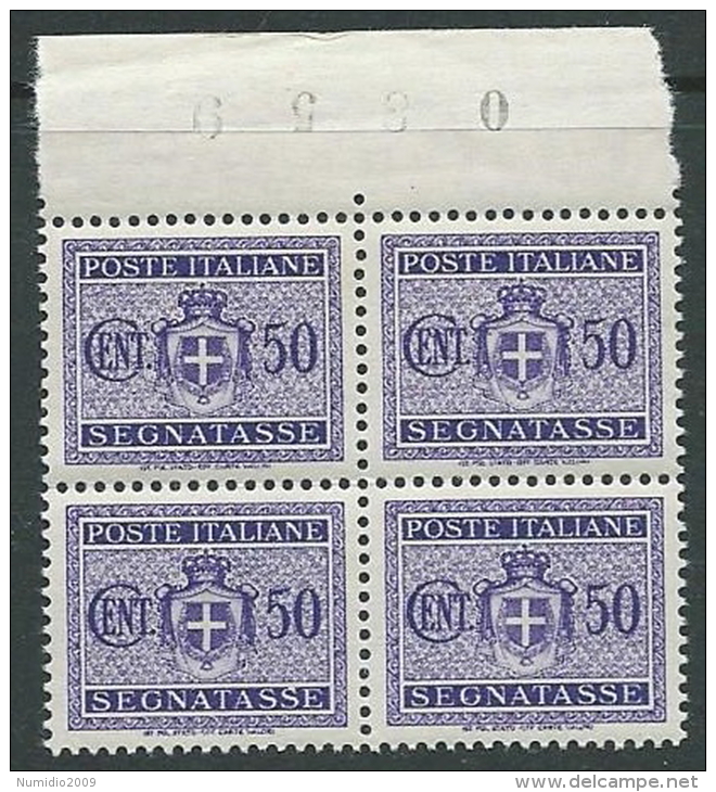 1945 LUOGOTENENZA SEGNATASSE 50 CENT NO FILIGRANA QUARTINA MNH ** - SV6-2 - Strafport