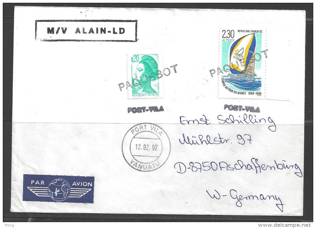 1992 Paquebot Cover, France Stamps Used In Port Vila, Vanuatu (12.02.92) - Vanuatu (1980-...)