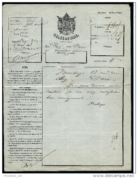 FRANCE-  TELEGRAMME DU PUY POUR PARIS EN 1869  POUR ETUDE   LOT P2158  Petite Dechirure A Gauche - Telegrafi E Telefoni