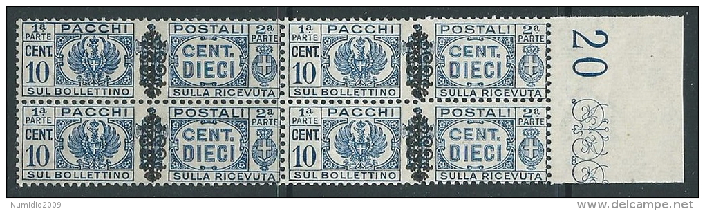 1945 LUOGOTENENZA PACCHI POSTALI 10 CENT QUARTINA MNH ** - SV8-8 - Colis-postaux