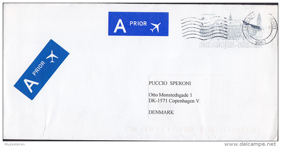 Belgium Postal Stationery Ganzsache Entier A Prior Par Avion Labels CHARLEROI Cachet GENT 200? Cover Lettre To Denmark - Briefe