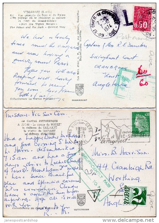 TWO FRENCH POSTCARDS WITH POSTAGE DUE/CHARGE MARKS - 1970's - 1960-.... Lettres & Documents