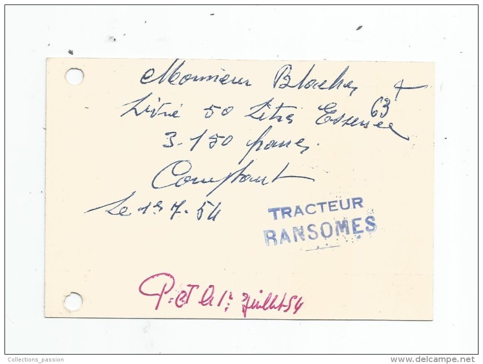 Carte De Visite , Garage, Automobiles , Tracteur RANSOMES , 1954 , Henri Junca , Lézignan-Corbières , Aude , 2 Scans - Visiting Cards