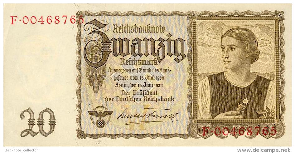 Deutschland, Germany - 20 Reichsmark, Ro. 178 A , ( Serie F ) 1939 ! - 20 Reichsmark