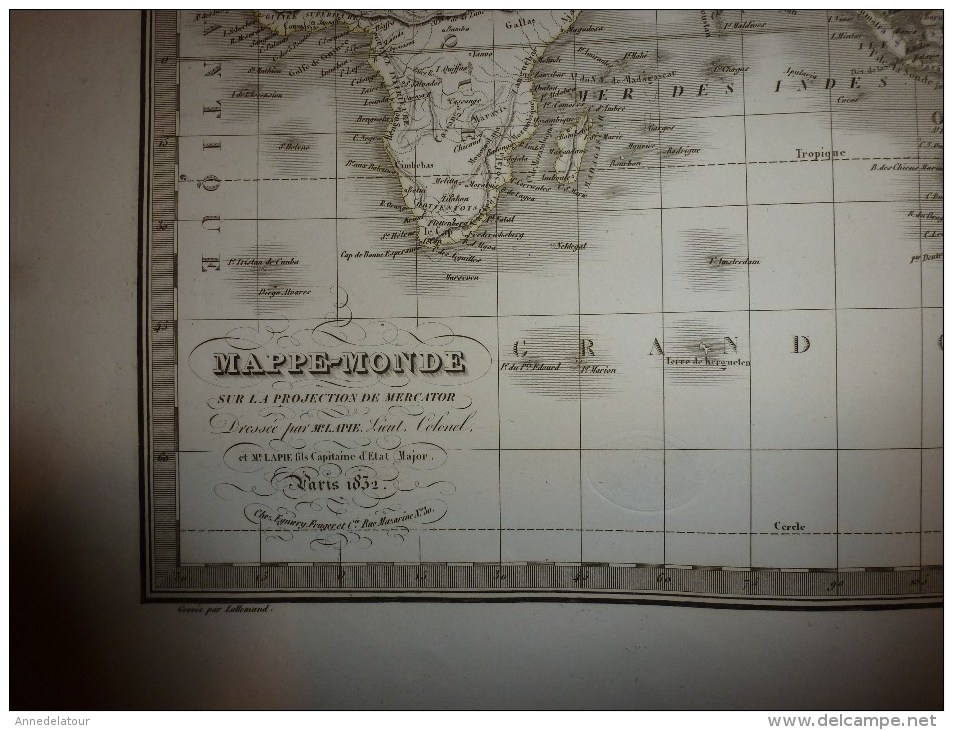 1832 Carte  MAPPE-MONDE (projection MERCATOR)  Par Lapie 1er Géographe Du Roi, Grav. Lallemand ,Chez Eymery Fruger & Cie - Cartes Géographiques