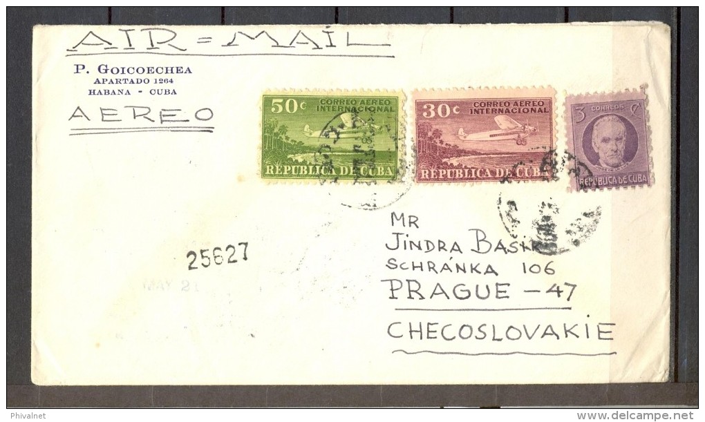 1947 CUBA, SOBRE CIRCULADO ENTRE LA HABANA Y PRAGA, CORREO AÉREO, TRÁNSITOS DE MIAMI Y WASHINGTON, LLEGADA - Storia Postale