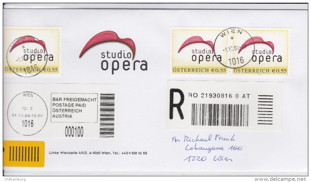 1309f: Reko- Brief Gest. 01.10.2004 PA 1016 Wien- "Studio Opera" - Personnalized Stamps