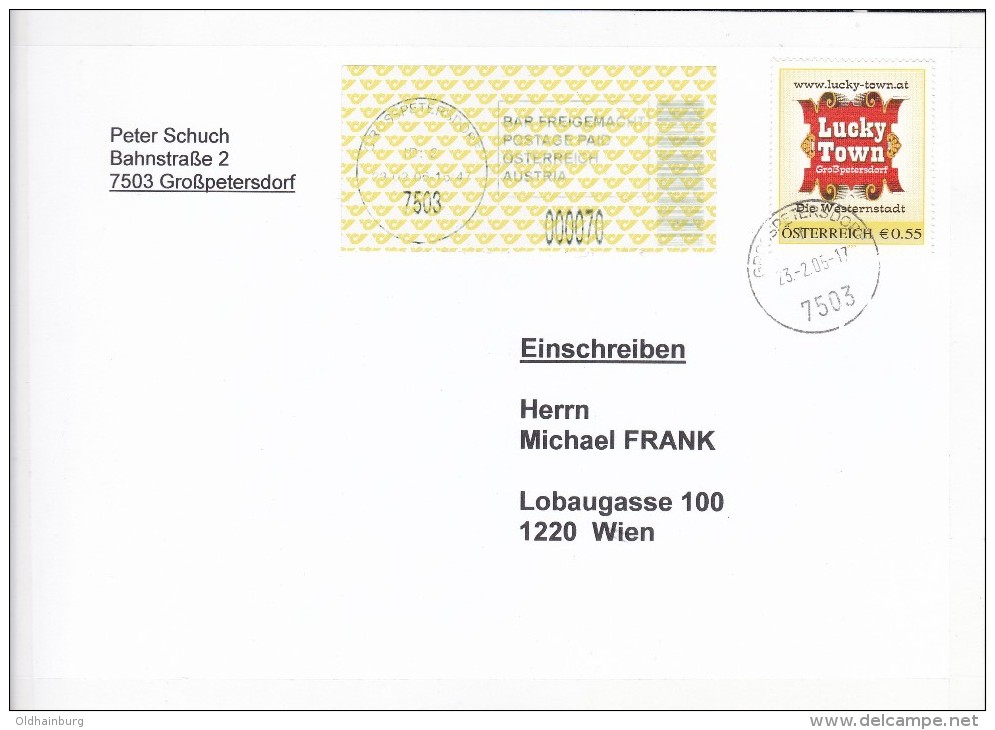 1309g: Reko- Briefvorderseite Gest. 23.02.2005 PA 7503 Gross- Petersdorf "Lucky Town" - Persoonlijke Postzegels