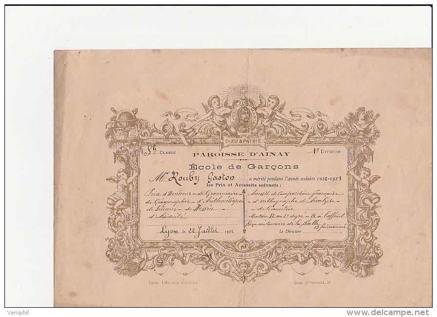 BULLETIN DE REMISE DE PRIX - LYON ECOLE DE GARCONS PAROISSE D'AINAY- 1923 - Diplômes & Bulletins Scolaires