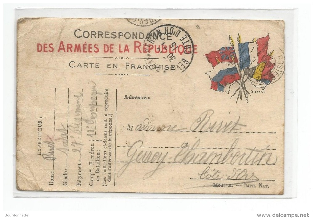 Correspondance Des Armées De La Republique Carte En Franchise Expédiée Par Un Légionnaire A GEVREY CHAMBERTIN-COTE D'OR - Gevrey Chambertin