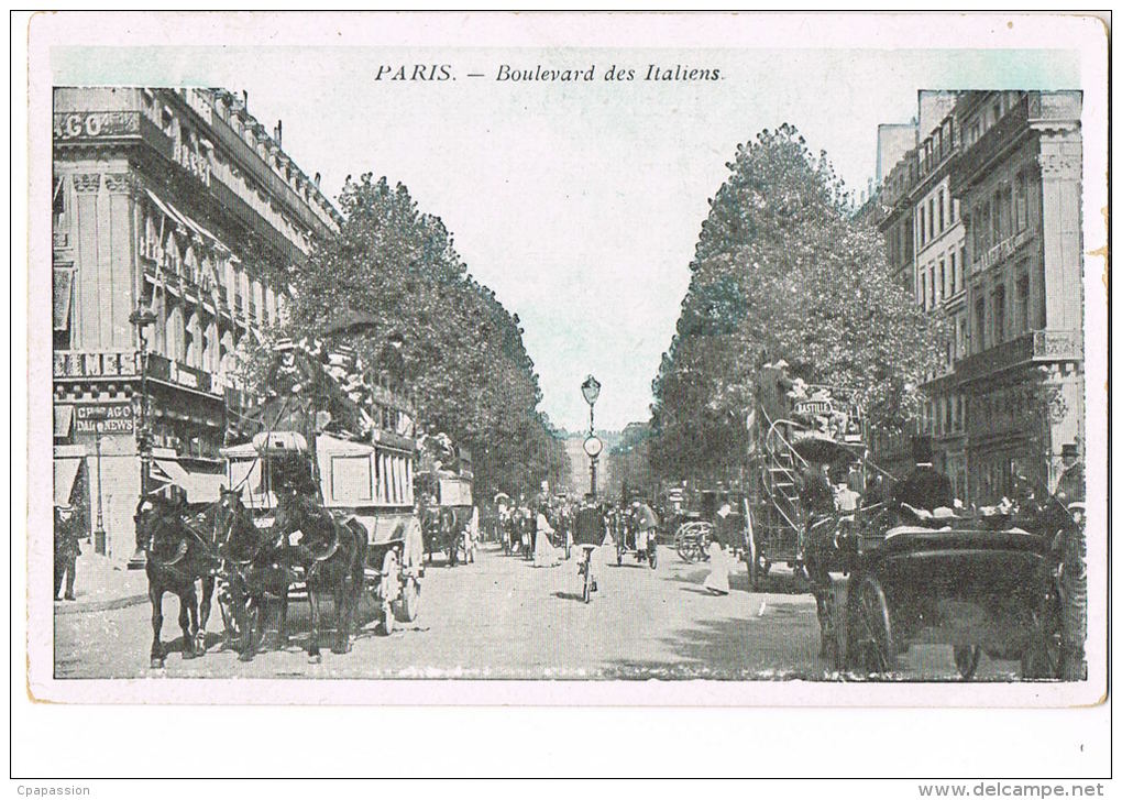 PARIS  Boulevard Des Italiens - Transport Hippomobile 3 Chevaux -Beau Plan  - Recto Verso - Transport Urbain En Surface