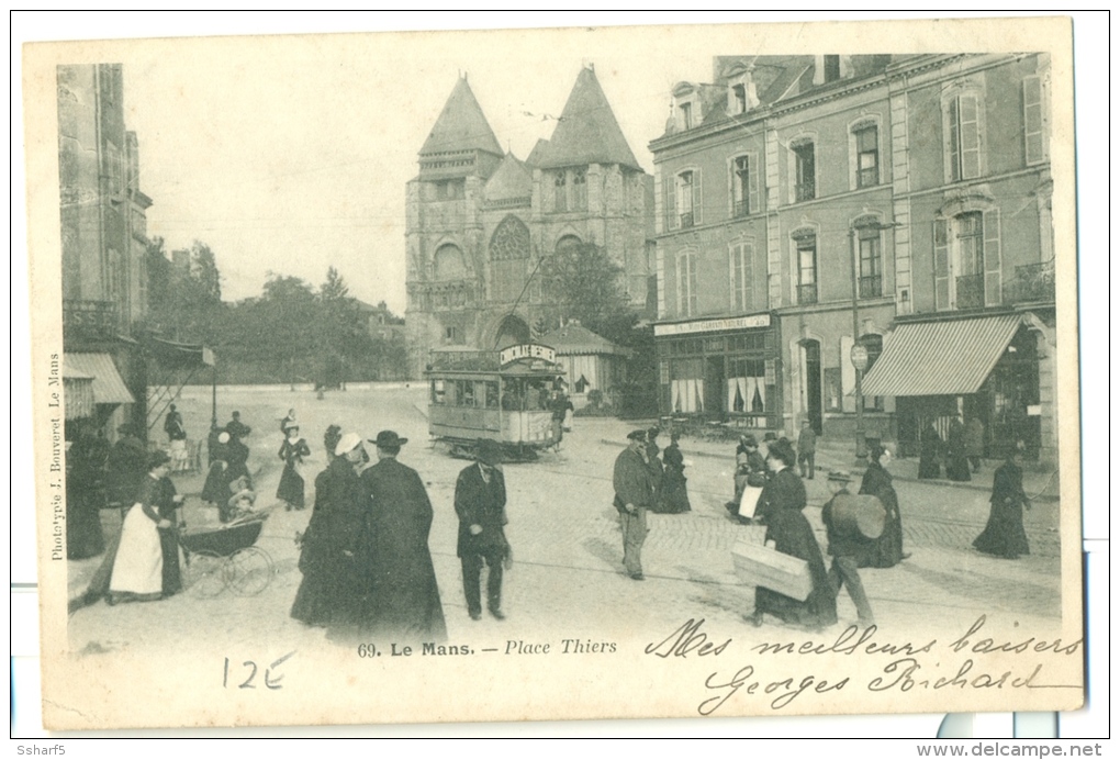 Le Mans Place Thiers Très Animée Avec TRAM Env. 1903 - Le Mans