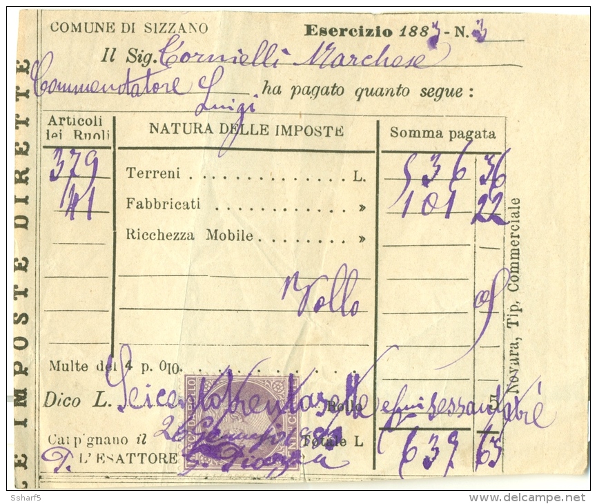 Marca Da Bollo 5 C 1883 Comune Di Sizzano Su Ricevuta - Steuermarken