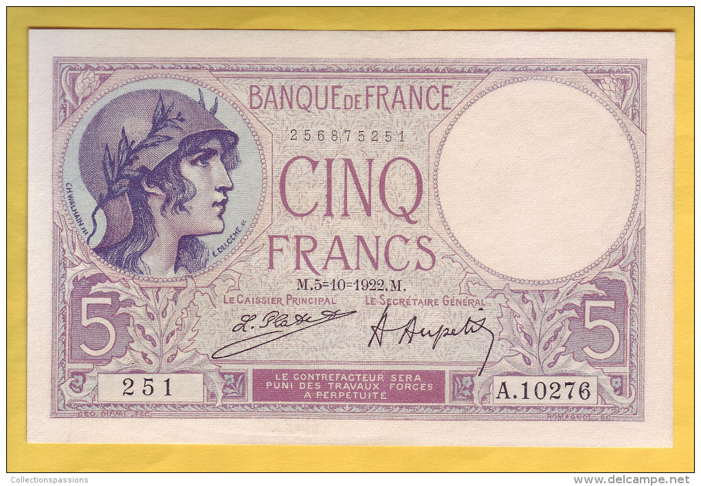 BILLET FRANCAIS - 5 Francs Violet 5-10-1922 SUP+ - 5 F 1917-1940 ''Violet''
