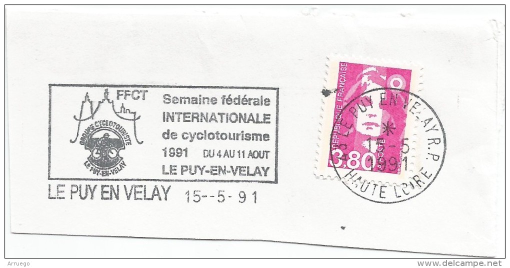 FRANCE. FRAGMENT POSTMARK INTERNATIONAL CYCLING WEEK. LE PUY EN VELAY. 1991. FLAMME - Otros & Sin Clasificación