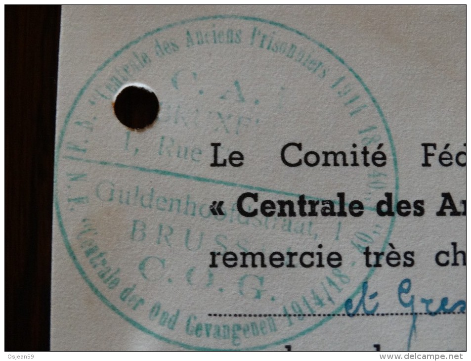 Carte De Remerciement De La "centrale Des Anciens Prisonniers De Guerre1914/1918/1940/?) - Autres & Non Classés