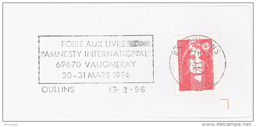 FRANCE. FRAGMENT POSTMARK AMNESTY INTERNATIONAL. OULLINS. 1996. FLAMME - Otros & Sin Clasificación