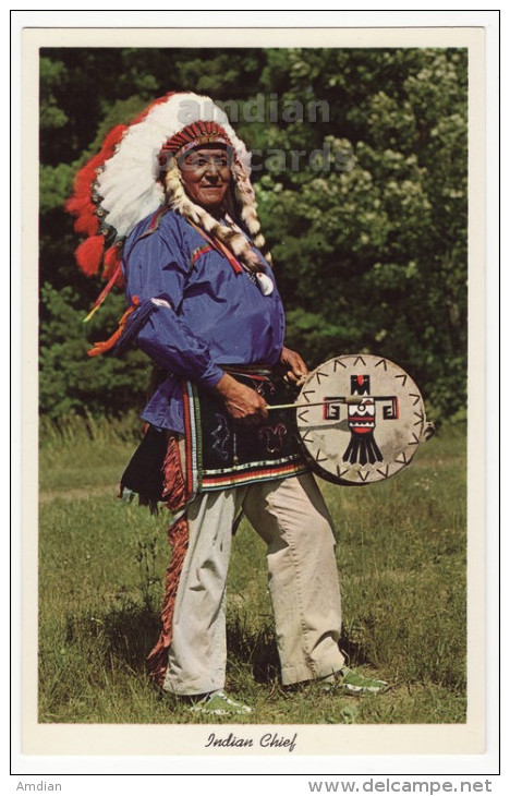 INDIAN CHIEF IN FULL COSTUME AND DRUM ~c1960s Vintage Postcard ~NATIVE AMERICANA [5759] - America