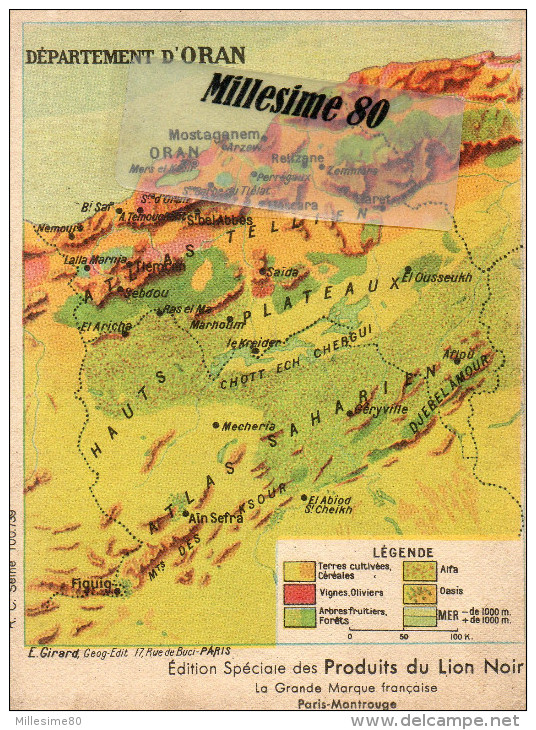 Chromo Du Lion Noir Departement D Oran Carte Géographique - Autres & Non Classés