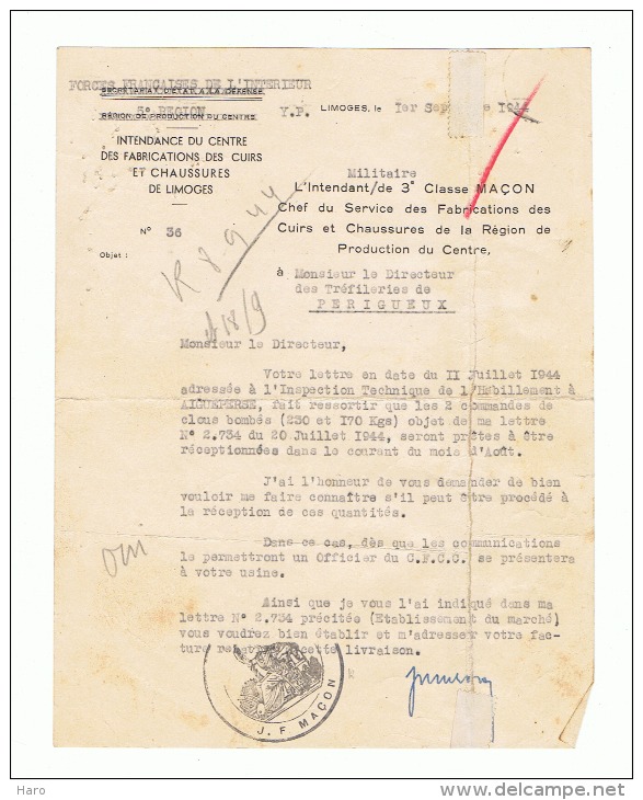 Guerre 40/45 - Lettre à Entête Des Forces Françaises De L'Intérieur - Limoges 01/09/1944 (fr18) - Documents